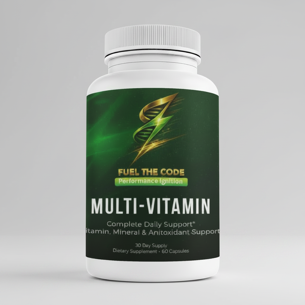 A white plastic bottle of 'Fuel The Code' Multi-Vitamin dietary supplement, featuring a dark green label with gold and white text and graphics, set against a marble background with gold diagonal lines.