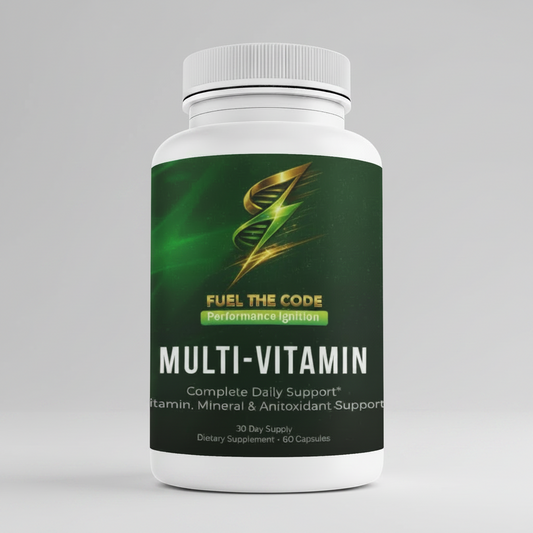 A white plastic bottle of 'Fuel The Code' Multi-Vitamin dietary supplement, featuring a dark green label with gold and white text and graphics, set against a marble background with gold diagonal lines.